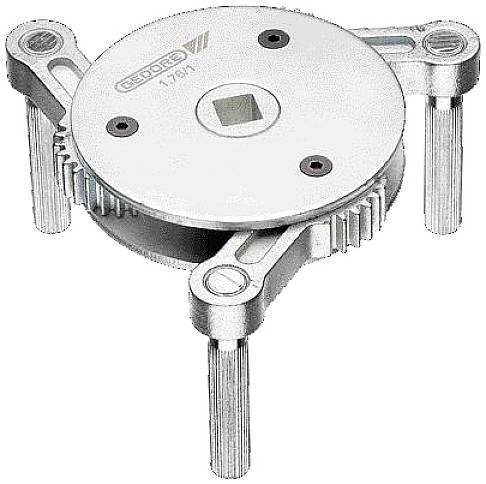 Oil filter wrench with three adjustable metal gripping arms for easy installation and removal of oil filters in vehicles.