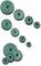 Several green discs of different sizes are asymmetrically distributed and casting shadows on a white background.