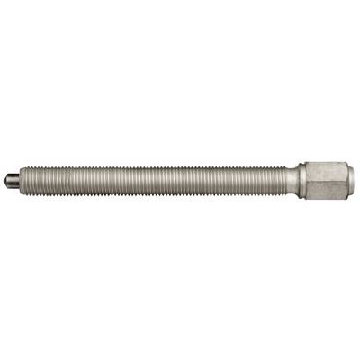A metallic set screw with fine, uniform thread turns and a hexagonal end, positioned horizontally.