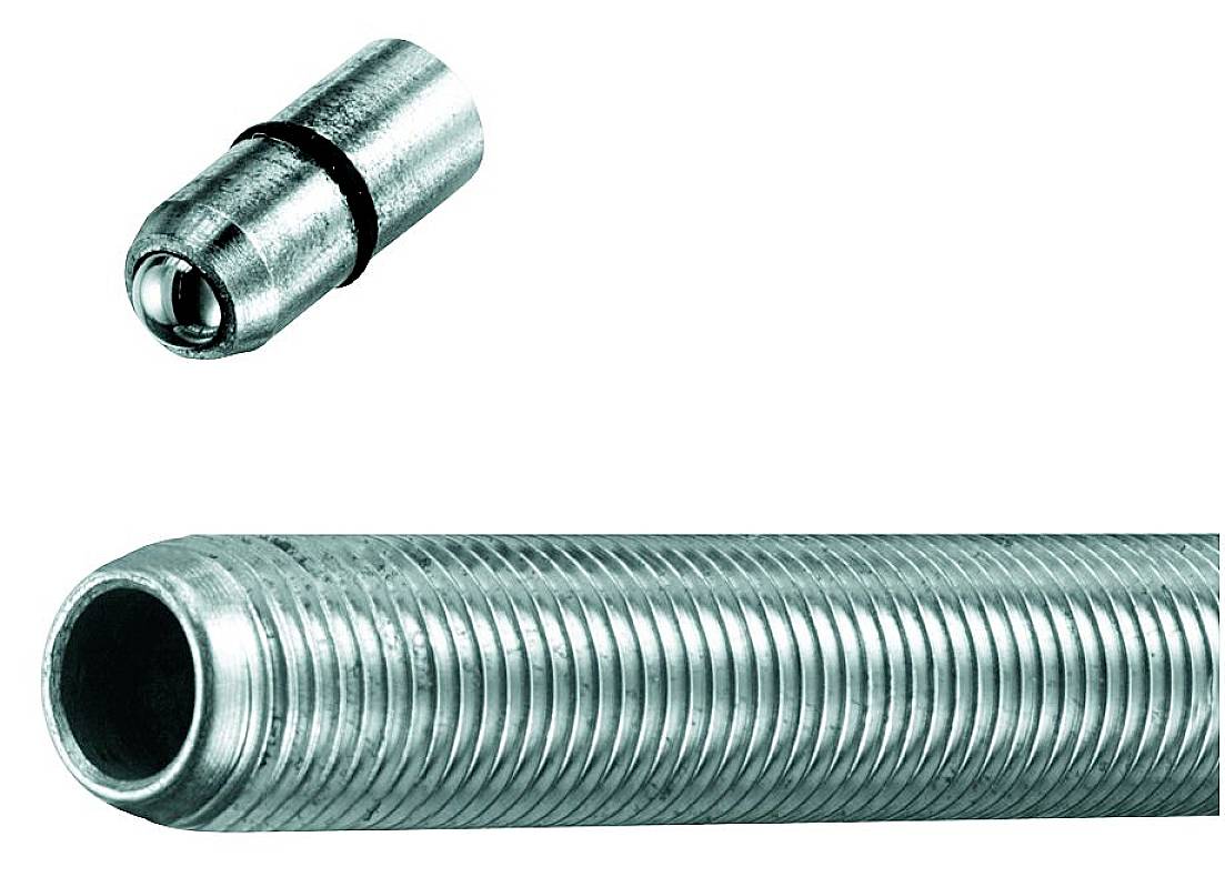 'Steel tube with thread, close-up. Detail view shows internal structure and surface. Smaller detailed image alongside.'