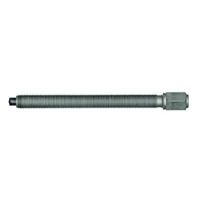 A long, ridged metal cylinder with a hexagonal nut at one end. Could serve as a component for mechanical constructions.
