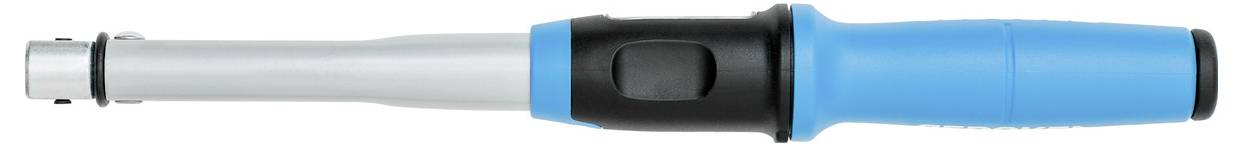 A blue and black torque wrench with a digital display, used for precise tightening of bolts and nuts in machinery and automotive work.