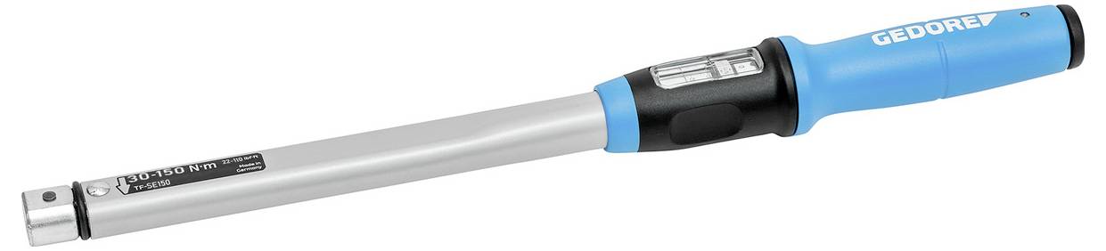 A blue and silver torque wrench branded 'GEDORE', featuring an adjustable scale, used for tightening nuts and bolts to specific torque values.