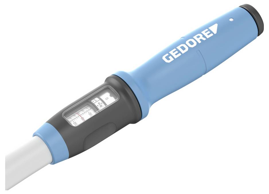 Blue and black torque wrench with 'GEDORE' branding, featuring a small scale display for torque measurements on the handle.