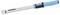 Torque wrench with a blue and black handle, displaying a numeric gauge for measuring force.