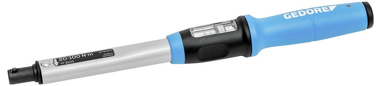 Torque wrench with a blue handle, labeled 'GEDORE', measuring 20-100 Nm.