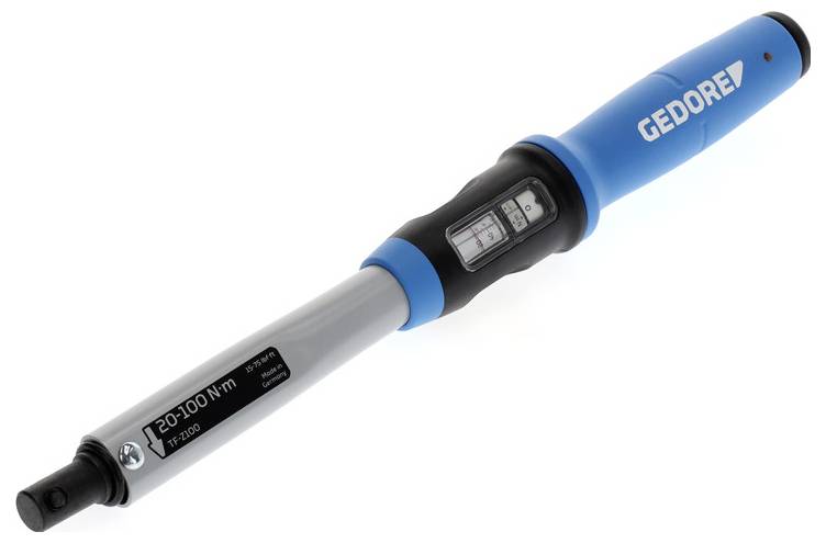 A blue and black torque wrench displaying a measurement range of '20-100 N.m'. The handle is marked 'GEDORE'.