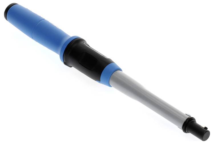 A blue ratchet wrench with a gray metallic shaft, featuring a socket at the tip for tightening bolts or nuts.