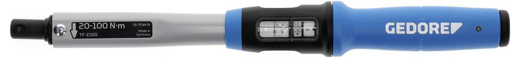 A blue-handled Gedore torque wrench with a digital display.