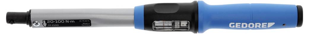A blue and silver torque wrench with a digital display, labeled 'GEDORE', is shown from a side view.