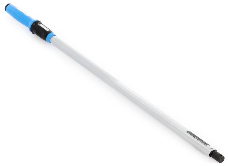 A blue-handled, extendable pole with a silver body, angled on a white background, suitable for attaching cleaning tools or paint rollers.