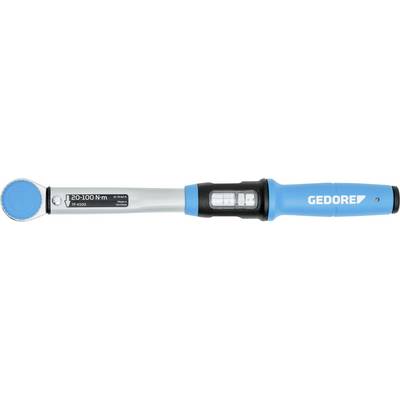 A blue and silver torque wrench with a digital display showing torque settings, labeled 'Geodore', set to 20-100 Nm.