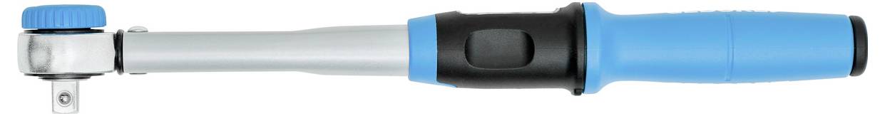A blue and silver torque wrench with a round head and a robust handle, used for tightening bolts to specified tension levels.