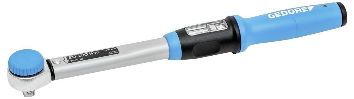 Blue and silver torque wrench with adjustment display and 'GEDORE' logo on the handle.