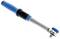 A blue and black torque wrench with a ratcheting head and ergonomic handle, designed for precision tightening tasks.