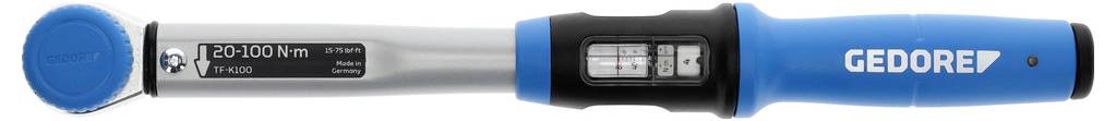 A digital torque wrench with a blue handle displaying 'GEDORE' and a digital screen, set to 20-100 Nm.