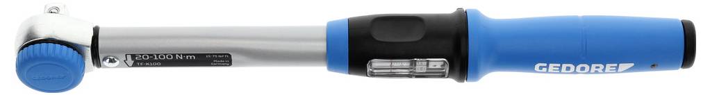 A blue and silver torque wrench with a black grip and a digital display, used for tightening bolts to a specific torque specification.