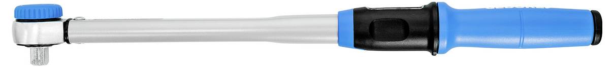 A blue-handled torque wrench with a silver shaft, used for precise tightening of bolts and nuts, against a white background.