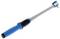 A blue-handled torque wrench with adjustable settings, used for applying precise torque to a fastener, is angled on a white background.