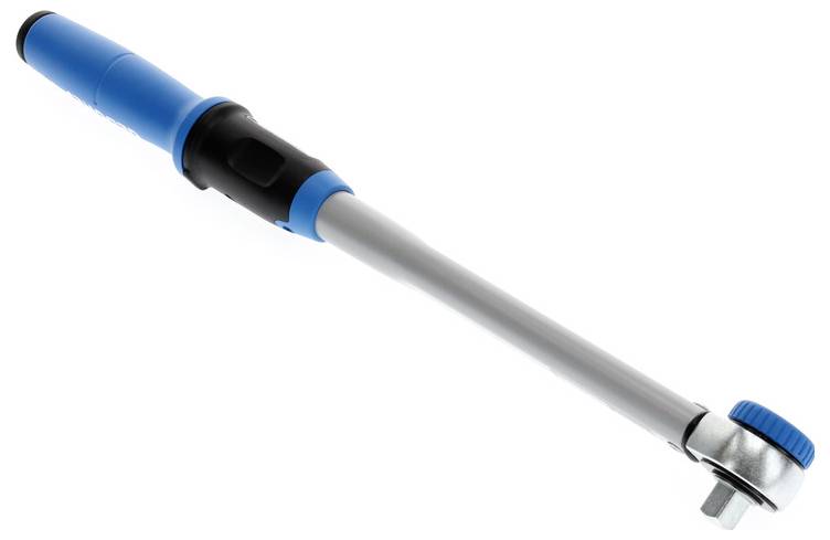 A blue and silver torque wrench with an adjustable dial, used for tightening bolts to specific torque levels.