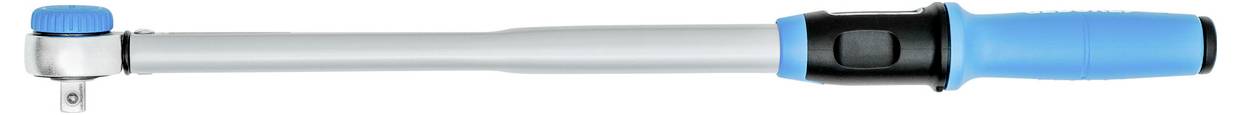 A torque wrench with a blue and black handle and adjustable head for precise tightening of fasteners.
