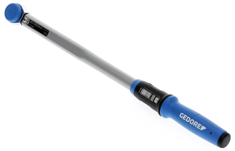 A blue and silver torque wrench labeled 'GEDORE,' with a digital display on the handle, used for applying specific torque to a fastener.