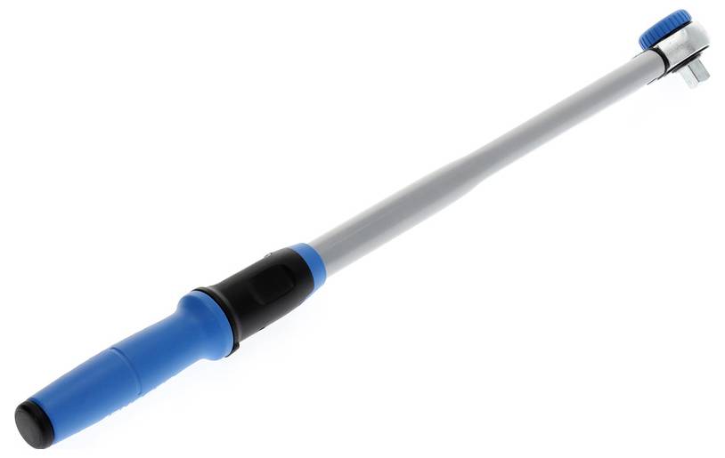 A blue and silver torque wrench with a grip handle and adjustable dial is shown against a white background, used for precision tightening tasks.