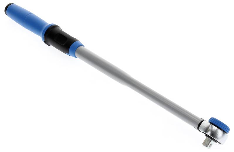 Torque wrench with a blue and black grip, featuring an adjustable metal handle and a ratcheting head, used for precise tightening.