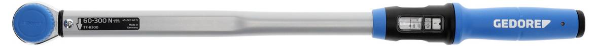 A blue-handled torque wrench labeled 'GEDORE' with measurement indicators on a digital display for precise torque application.