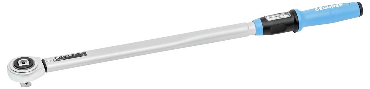A torque wrench with a silver shaft, blue and black grip, and an adjustment gauge near the handle.