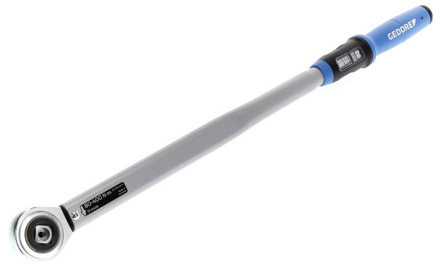 A torque wrench with a silver shaft and blue handle, featuring a digital display. Used for applying precise torque to fasteners.