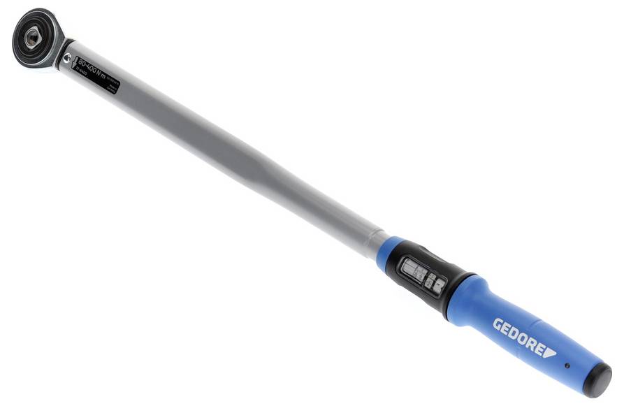 A blue and gray torque wrench with a digital display and a ratchet head, labeled 'Gedore', designed for precise tightening of bolts.