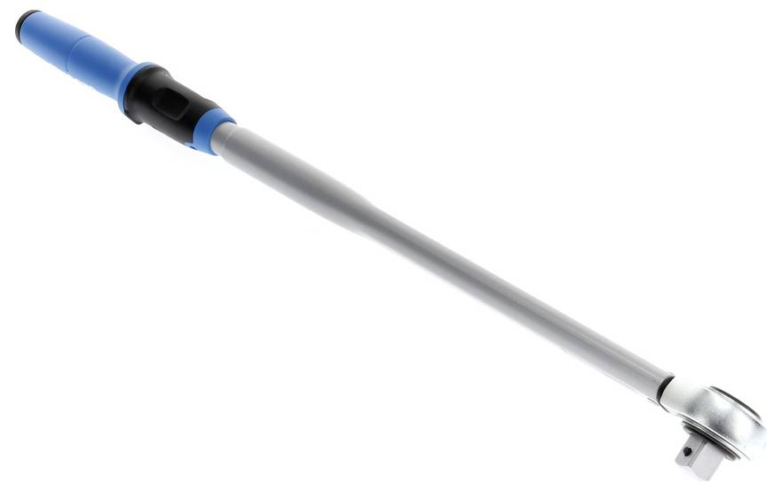 A long-handled tool with a blue grip and metal shaft, likely a ratchet wrench, designed for precision tightening of nuts and bolts.