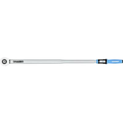 A silver torque wrench with a blue handle, featuring a black label near the head.