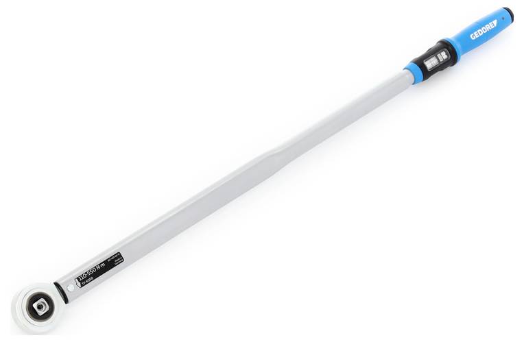 A digital torque wrench with a blue handle and display, used for applying specific torque to bolts or nuts for precision fastening.