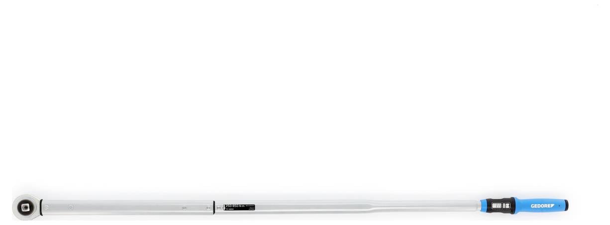 A silver torque wrench with a blue handle, used to apply specific torque to fasteners.