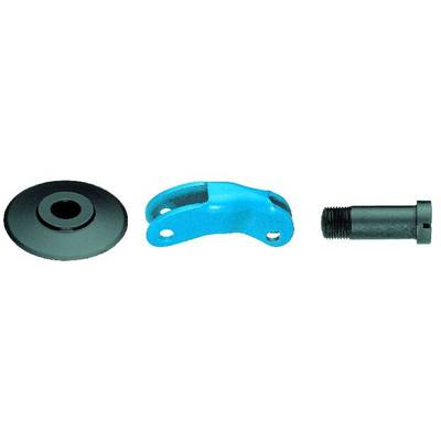 Three machine parts: a round disc, a curved bracket and a threaded piece.