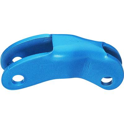 A blue metal part with two holes at each end, possibly part of a mechanical system or a fastening component.