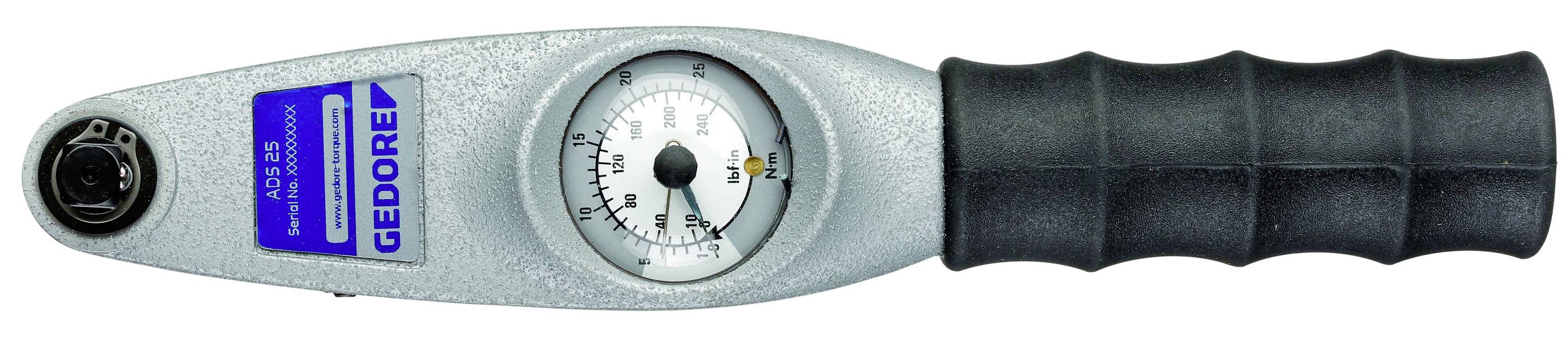 Torque wrench with analogue dial and handle. Display shows torque; by brand 'Gedore'.
