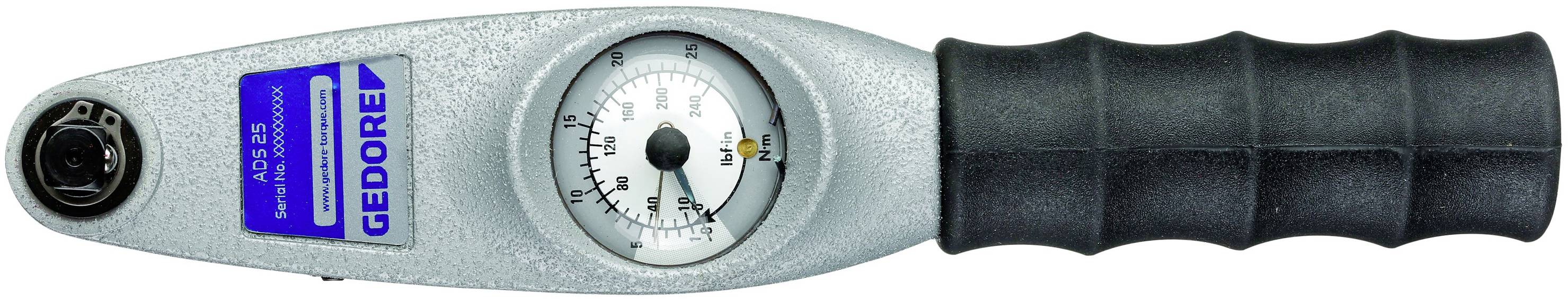 Torque wrench with analogue measuring device and rubber grip, suitable for precise force measurement during mechanical work.