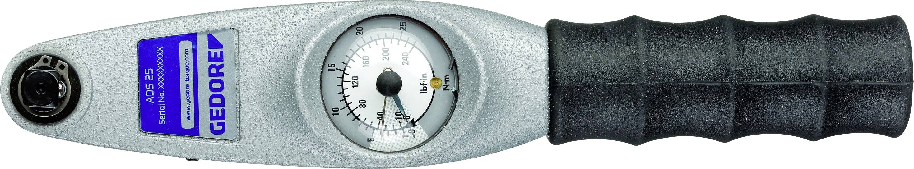 Torque wrench with an analogue measuring device in the centre. The handle is black. On the left is a blue label with the brand 'GEDORE'.