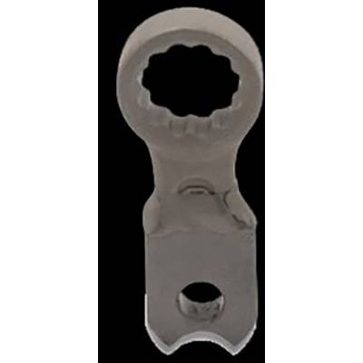 Metal ring with serrated edge and a rectangular extension with a hole. Tool component for fixing or connecting.