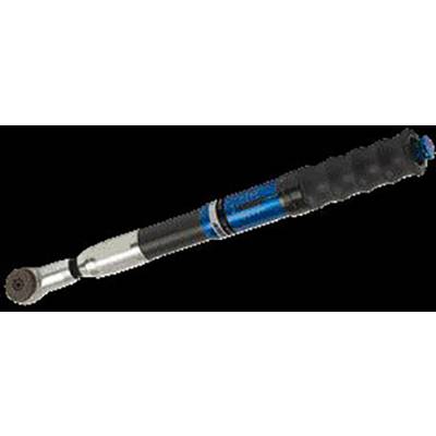 A blue torque wrench with a black handle and a rotatable head, set against a black background.