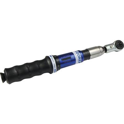 Torque wrench with a black handle and blue scale for indicating torque.