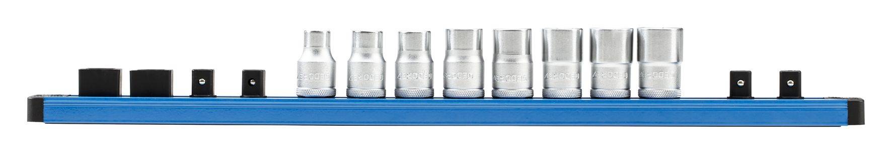 Set of socket wrenches in various sizes on a blue holder, arranged from small to large, for tool organisation.