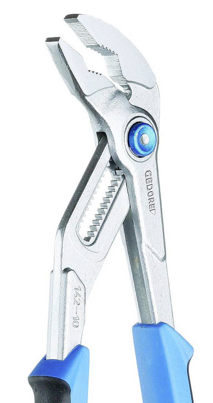 Pliers with blue handles, opened, showing toothed gripping surfaces.
