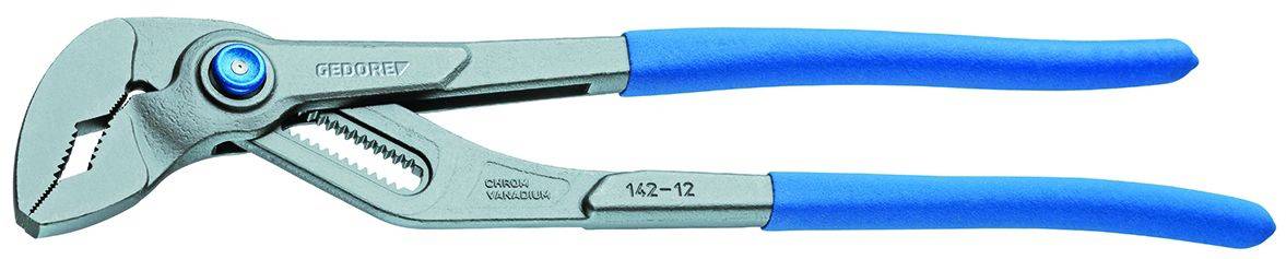 A pipe wrench with blue handles and an adjustable jaw, used for gripping and turning pipes and nuts.