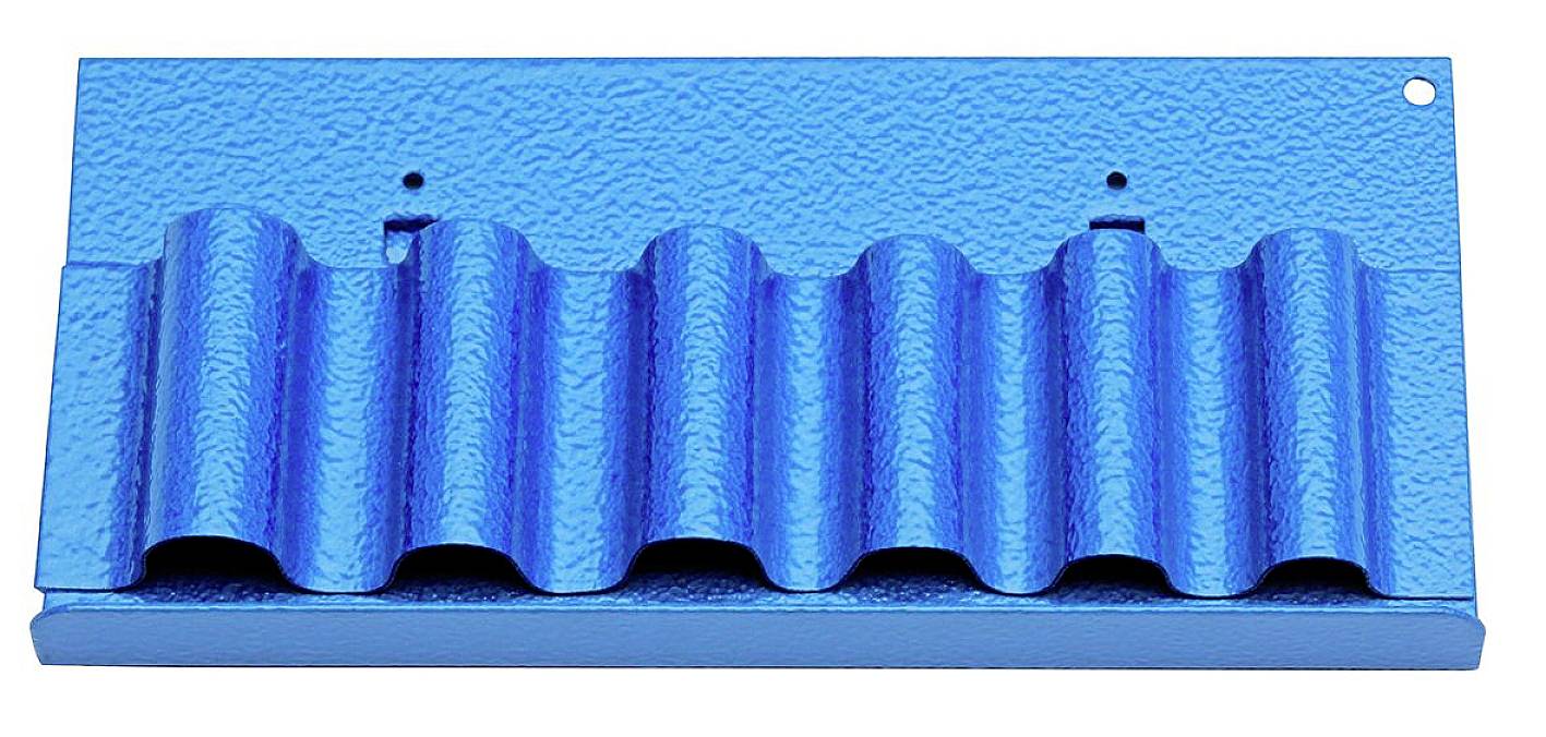 A blue, wavy metal piece, presumably a corrugated sheet, on a textured background.