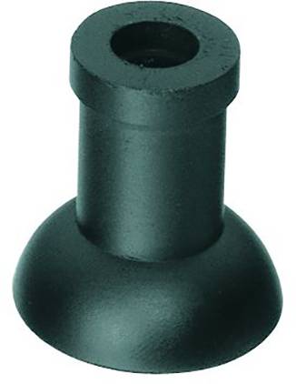 Black rubber door stop, conical in shape with a flat top surface and a round hole in the centre.