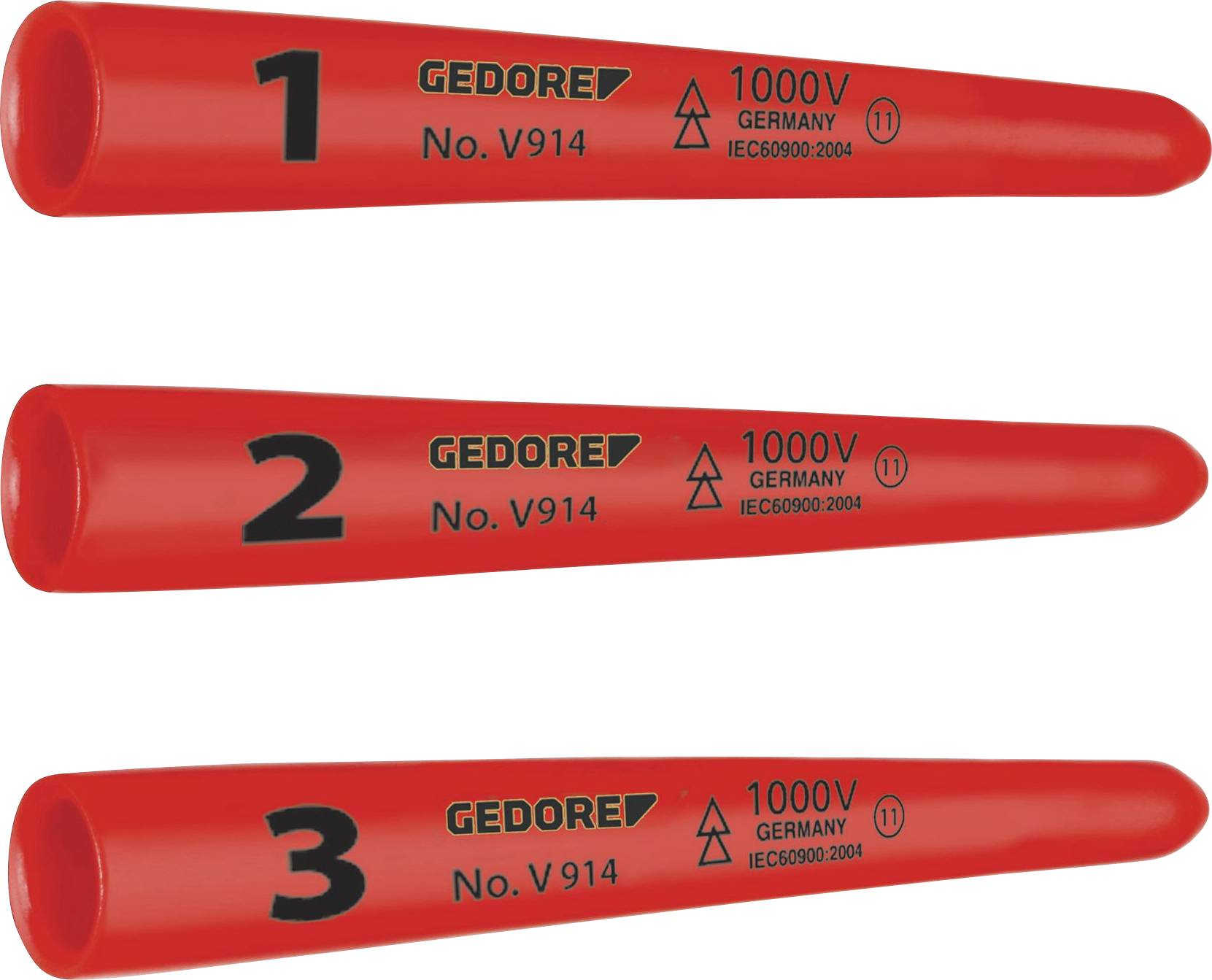 Three red screwdrivers with 'GEDORE' marking, numbers 1 to 3, and indication '1000V GERMANY IEC60900:2004' for electrical safety.